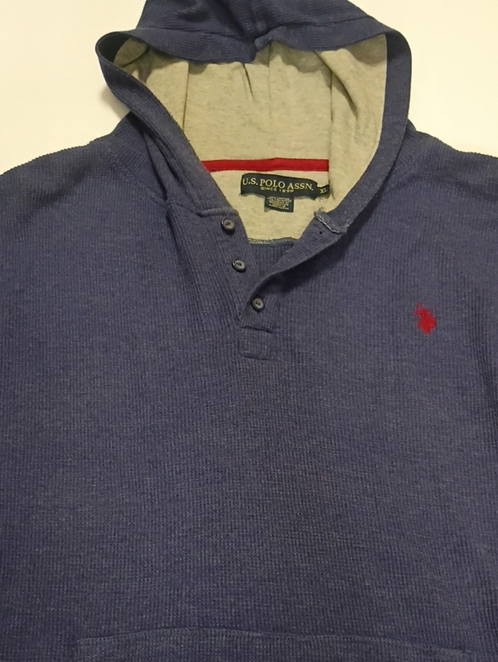 U.S. Polo Assn. Men’s Hooded Henley Sweatshirt in Blue with Red Logo Long Sleeve